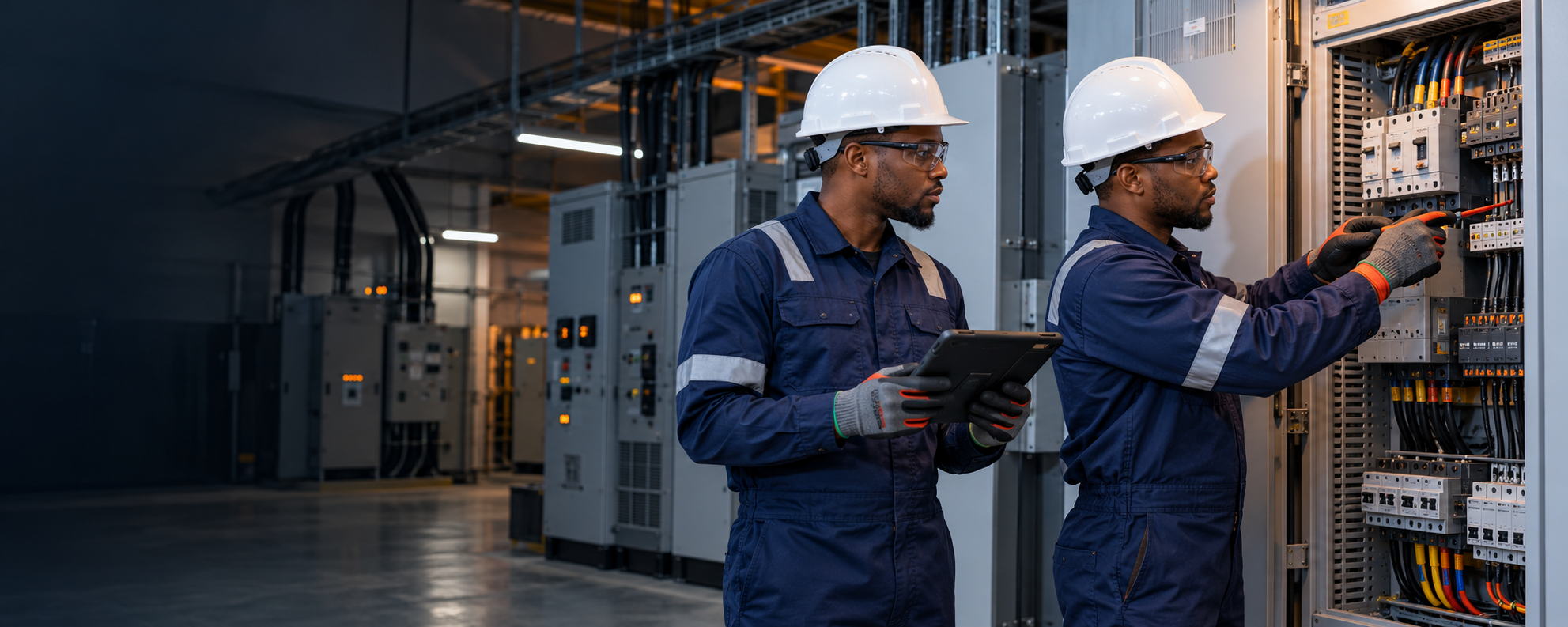Professional electrical technicians inspecting a distribution panel